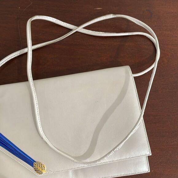 Raphael Salato Vintage Leather Flap Bag Clutch 70s White Blue Crystal Leaf - Picture 9 of 11